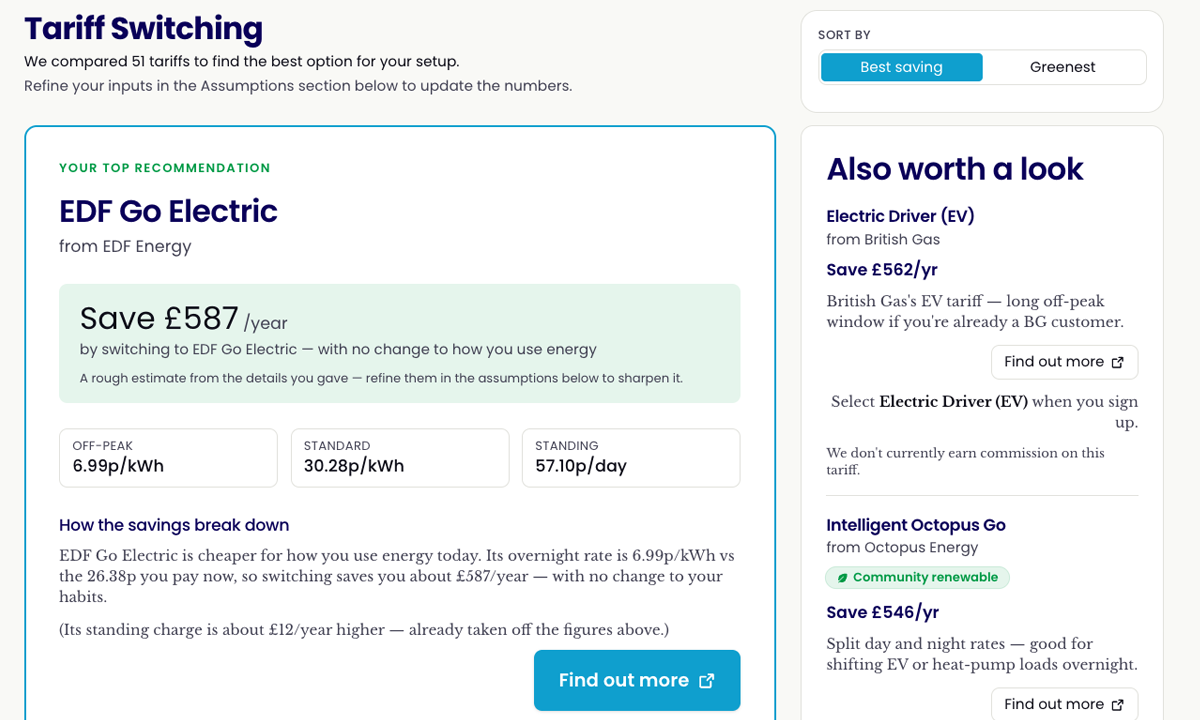 Time-of-use tariff checker — screenshot